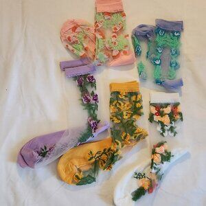 Lot of five lace 'glass' socks various colors floral NIP